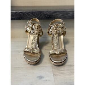 Stuart Weitzman Wedge Sandals Gold Glitter Slingbacks Espadrilles Women’s 7.5